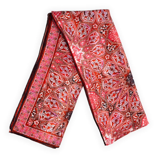 Red silk scarf for women with Turkish art inspired print