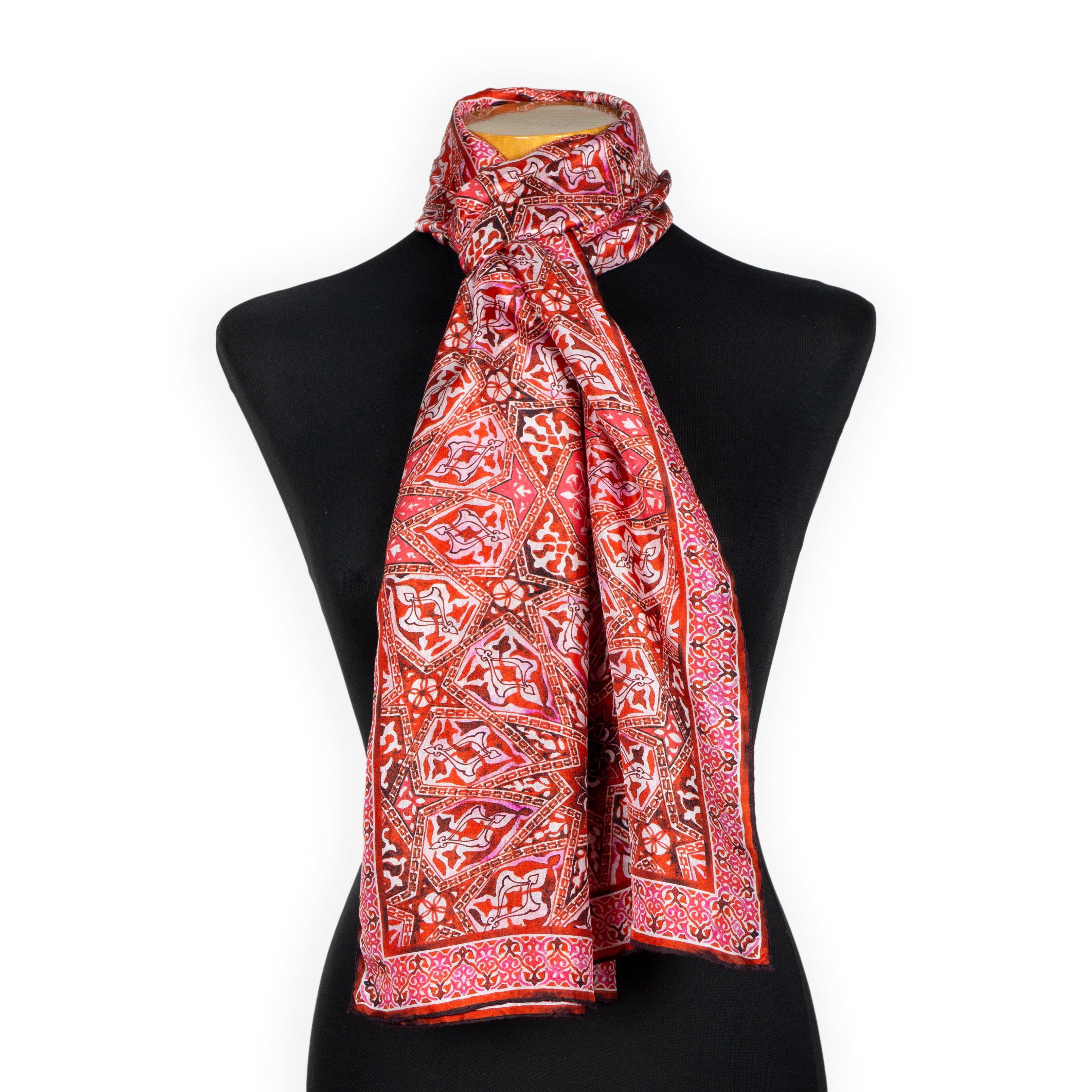 Red silk neck scarf for women featuring eastern geometric pattern