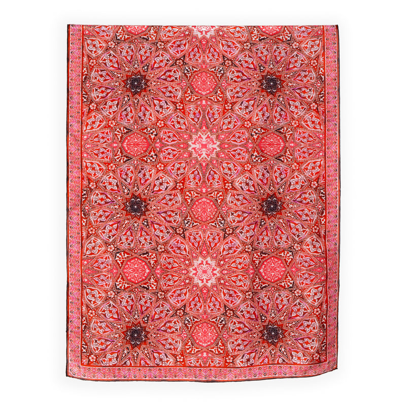 Large red silk scarf for women with Islamic Art inspired print