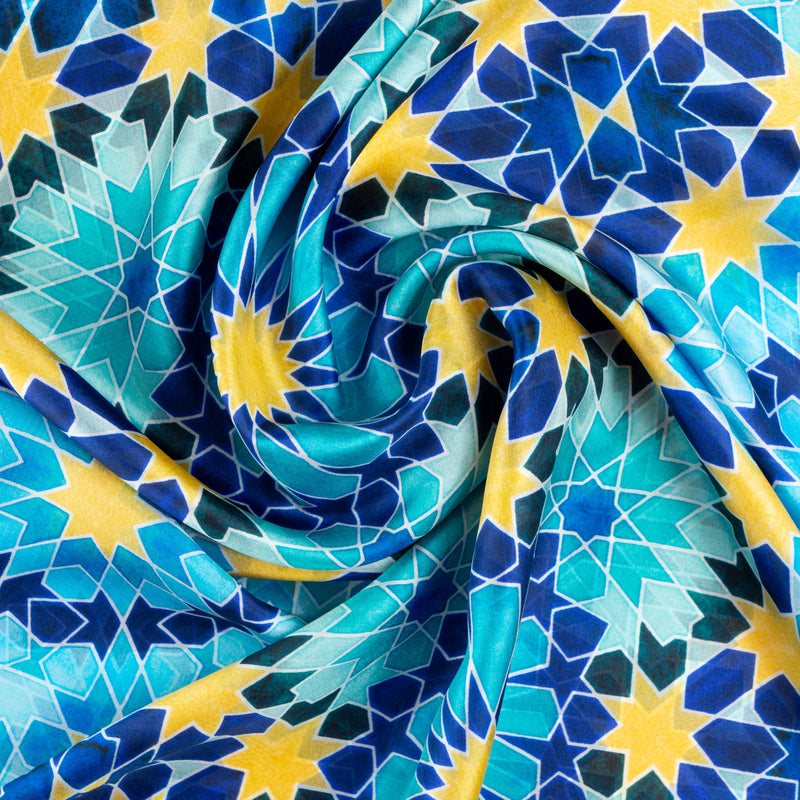 Detail of blue and gold silk scarf