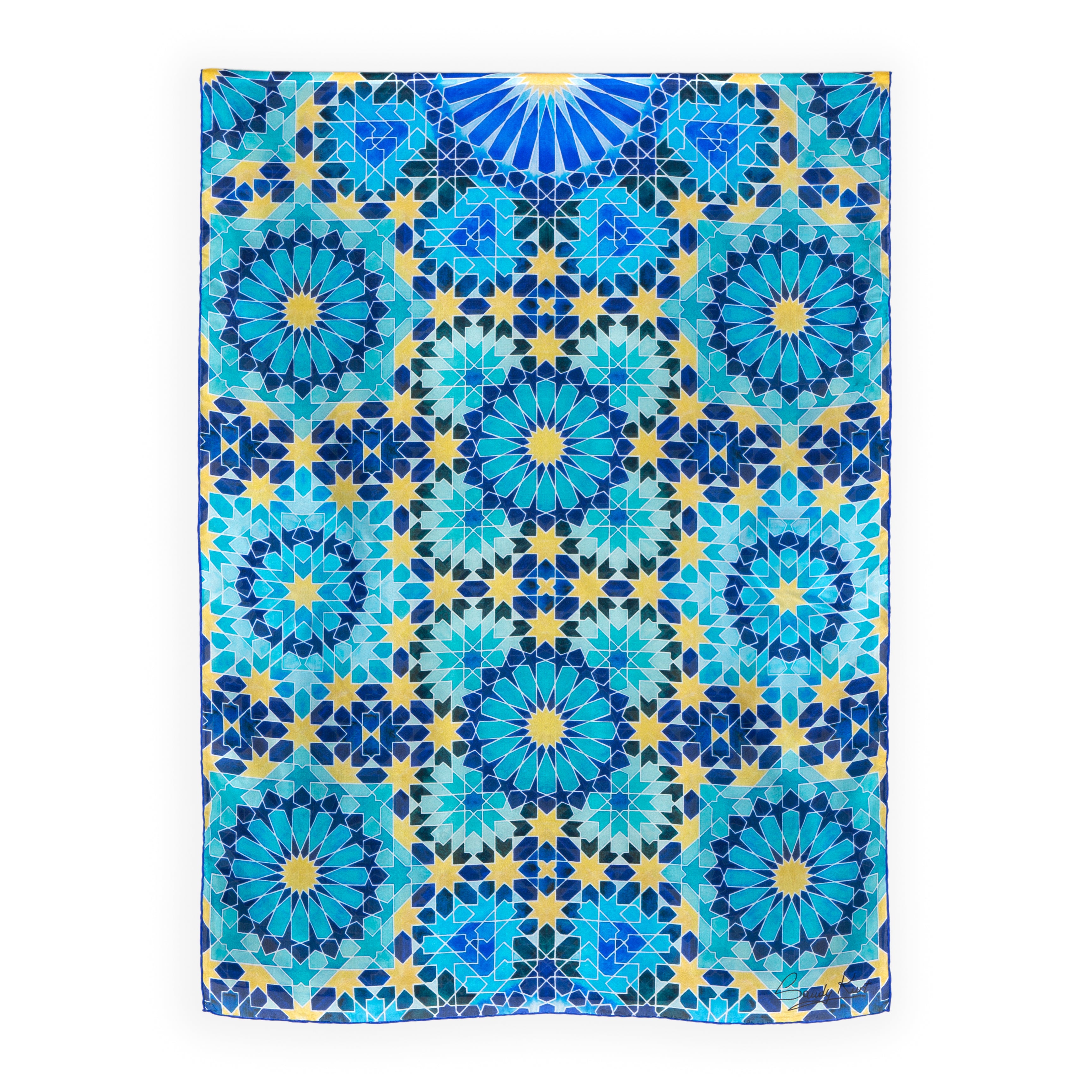 Large blue and gold silk scarf inspired by islamic art and designed by Sandy Kurt