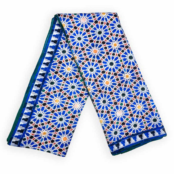 Blue and white Islamic art inspired silk scarf