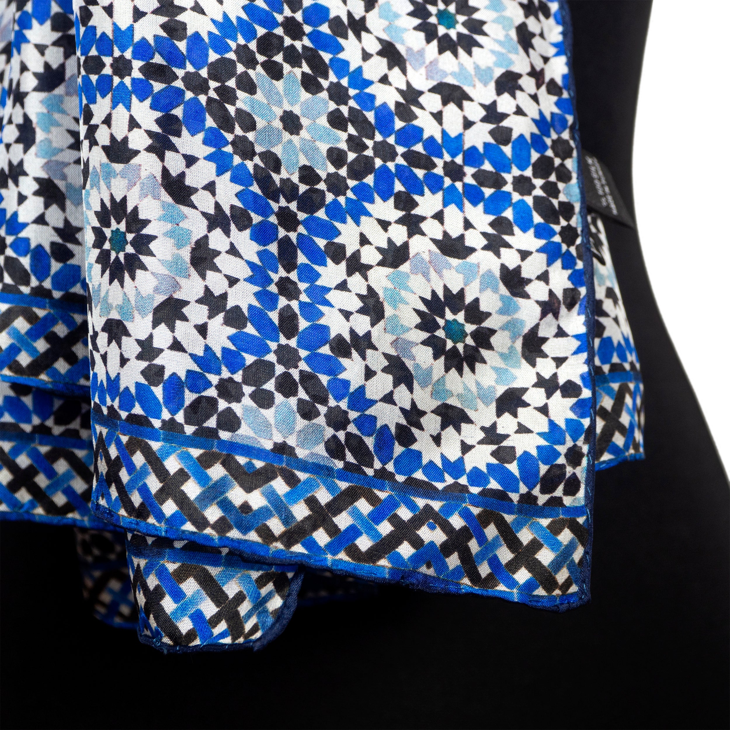 Moroccan mosaic tiles inspired blue silk scarf