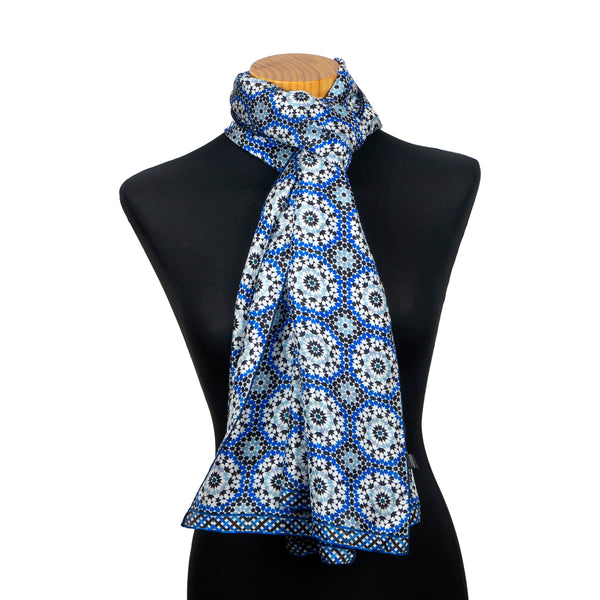Moroccan tiles inspired silk neck scarf with blue and grey print