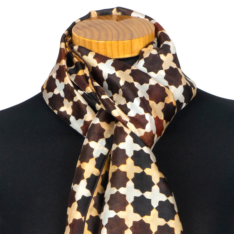 Brown silk neck scarf inspired by alhambra mosaic tiles