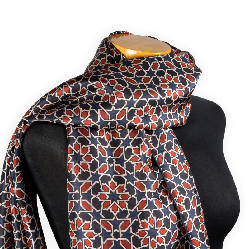 Islamic art inspired blue, red and brown silk scarf