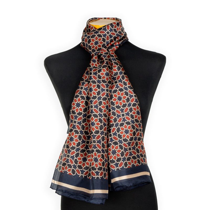 Red and blue silk neck scarf inspired by moroccan mosaic tiles