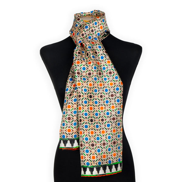 Colorful silk neck scarf inspired by moorish mosaic tiles
