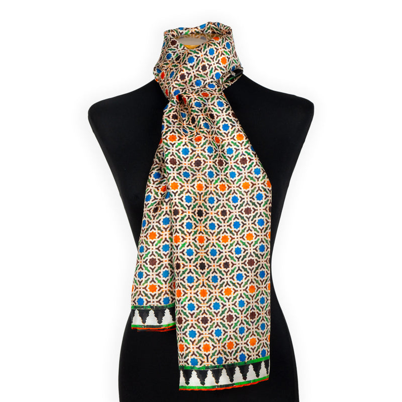 Colorful silk neck scarf inspired by moorish mosaic tiles