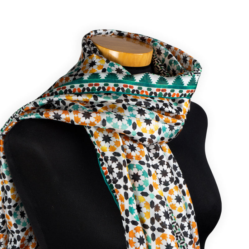 Green and orange silk neck scarf inspired by Islamic art