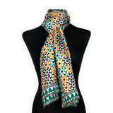 Green and orange silk neck scarf inspired by moroccan mosaic tiles