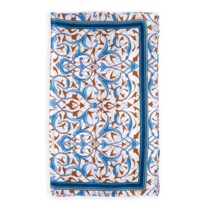 Blue and white silk scarf with original print inspired by turkish designs