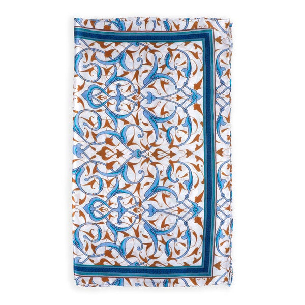Blue and white silk scarf with original print inspired by turkish designs