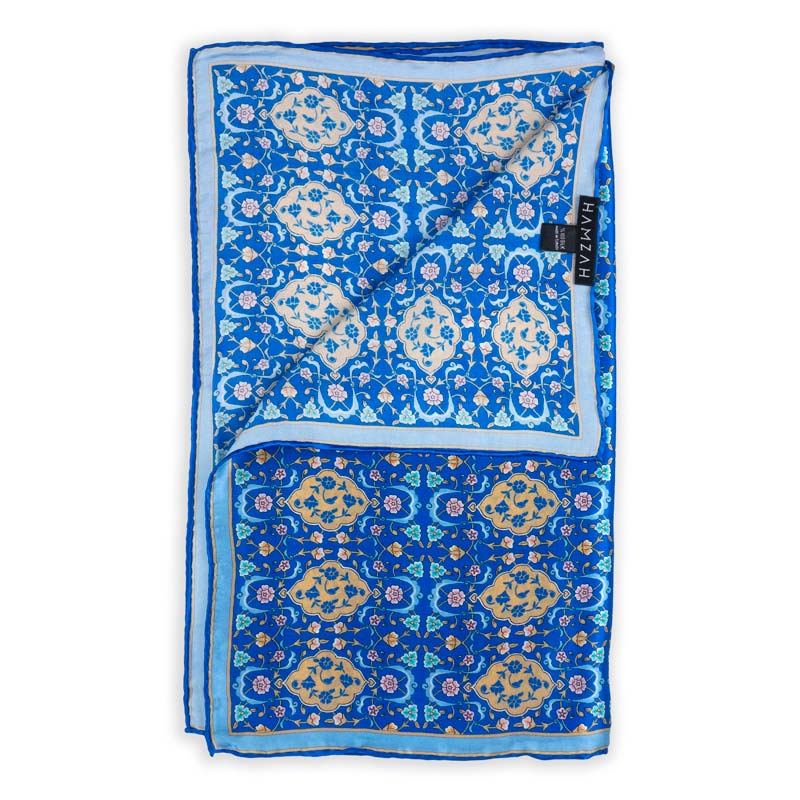 Blue and brown silk scarf with eastern pattern