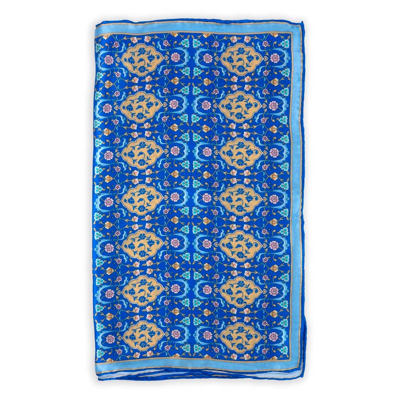 Blue and gold silk scarf inspired by floral islamic art