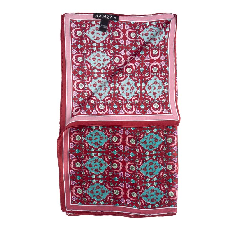 Red and turquoise silk scarf with turkish inspired floral print