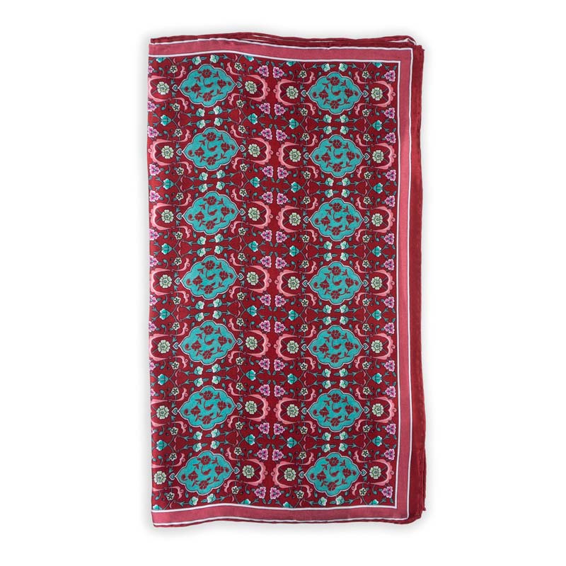 Red and turquoise oblong silk scarf inspired by oriental pattern