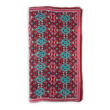 Red and turquoise oblong silk scarf inspired by oriental pattern