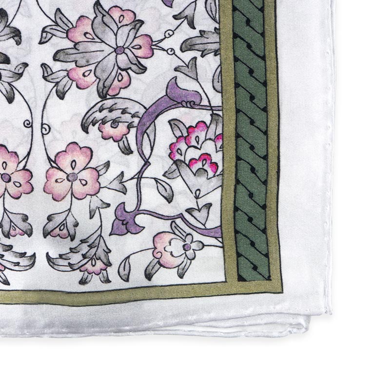 Detail of silk scarf with floral print inspired by Turkish art