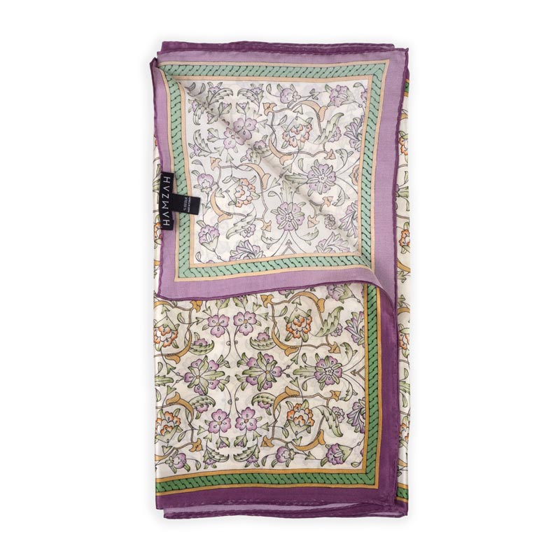 Floral silk scarf beige, green and purple with turkish pattern