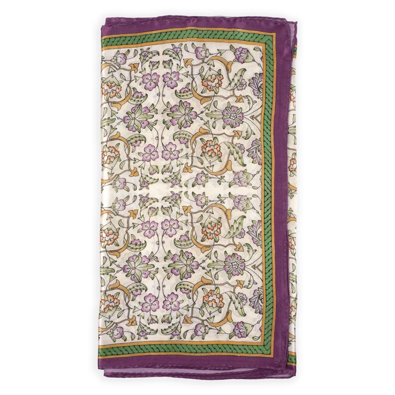 Floral silk scarf with beige and purple and green pattern