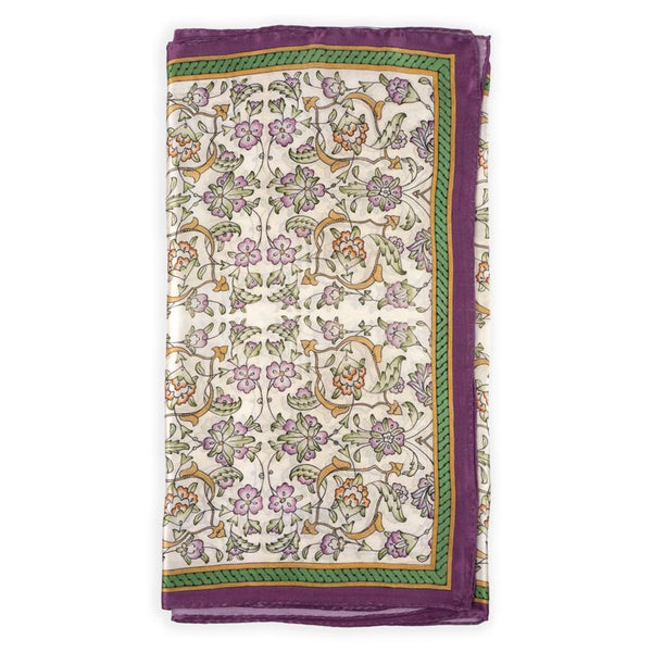 Floral silk scarf with beige and purple and green pattern