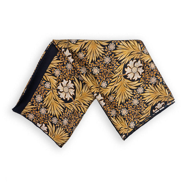 Black and gold silk scarf with art nouveau inspired floral print