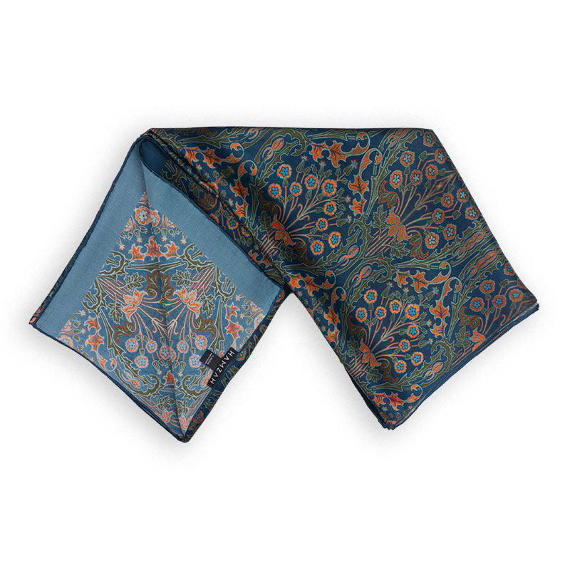Navy blue and red silk scarf with floral print