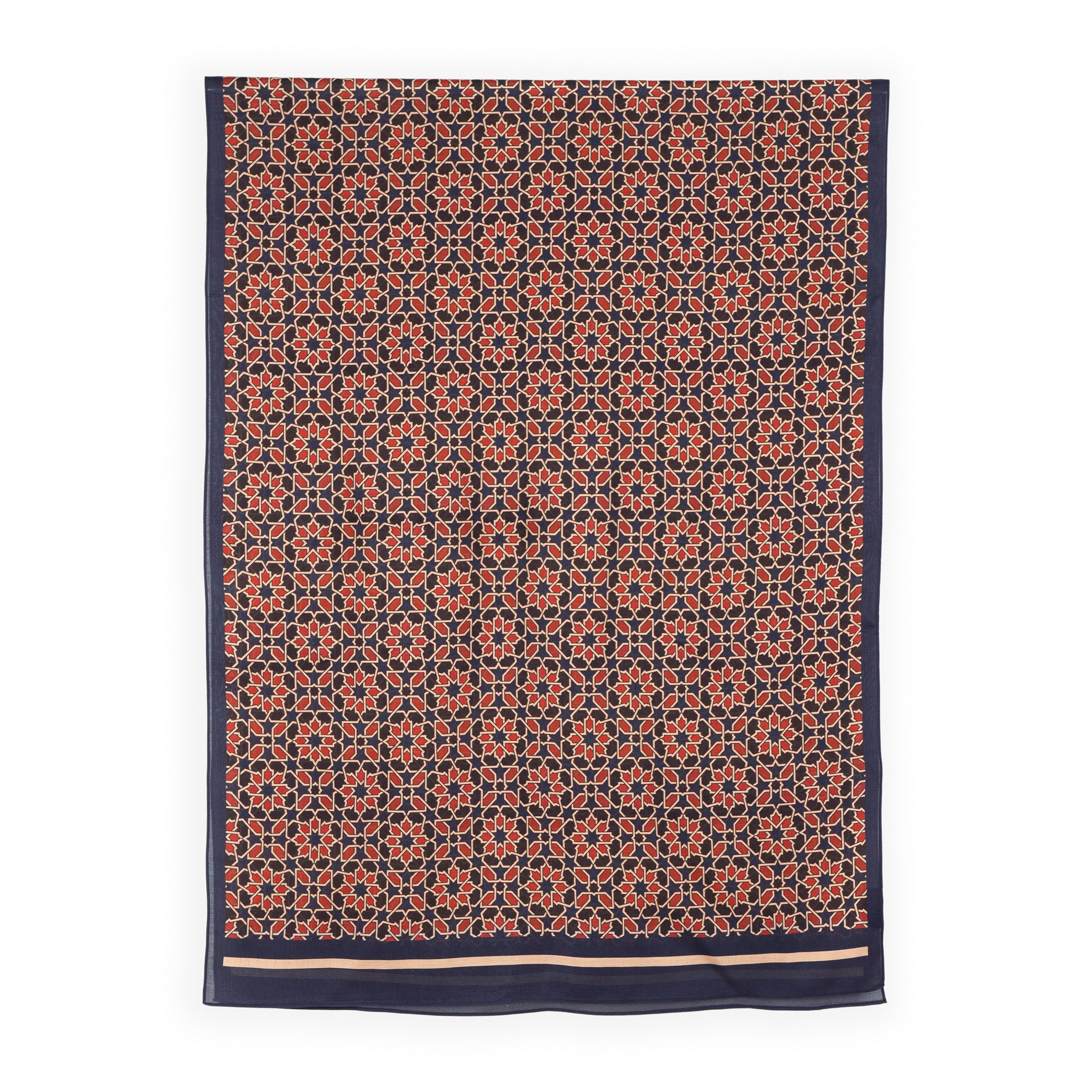 Large scarf with navy blue, red and brown islamic art inspired print