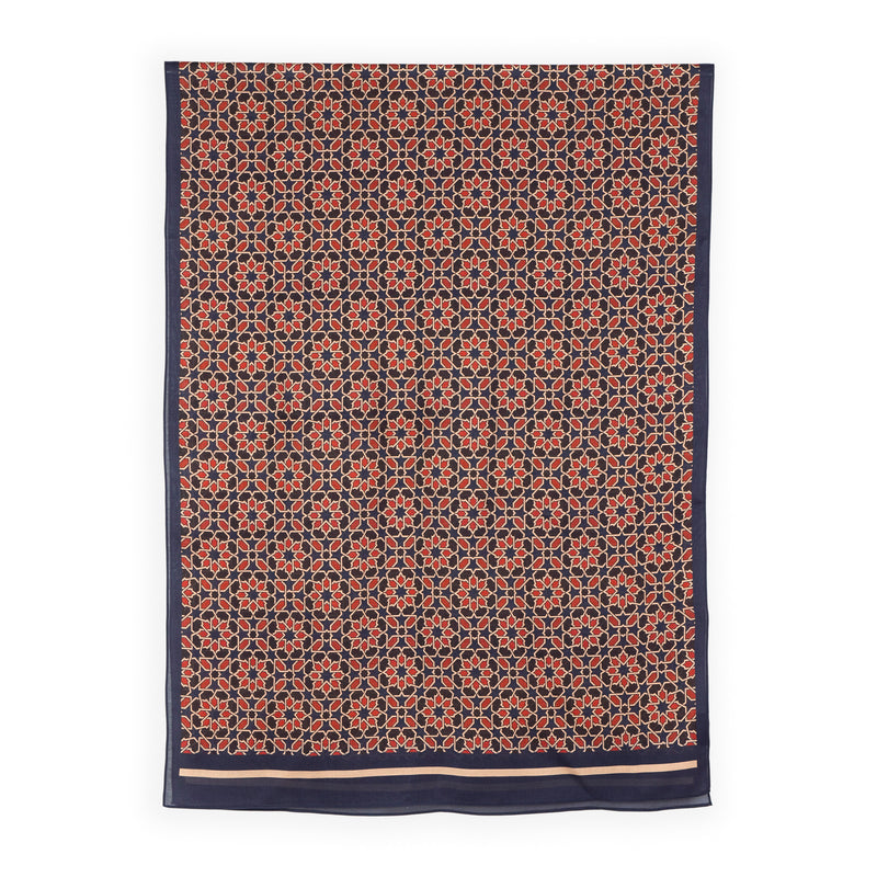 Large scarf with navy blue, red and brown islamic art inspired print