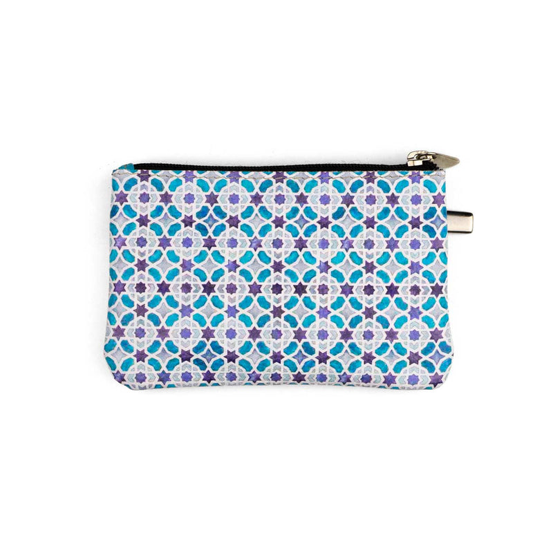 Islamic art inspired leather coin purse with blue and white print