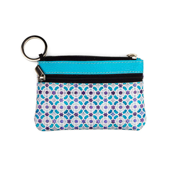 Leather purse with two zipper pockets printed with moorish tiles