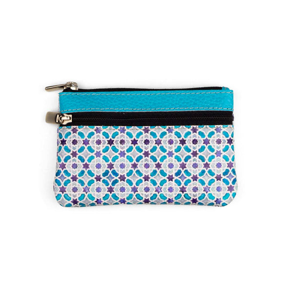 Islamic art inspired blue and white leather purse with zipper pockets