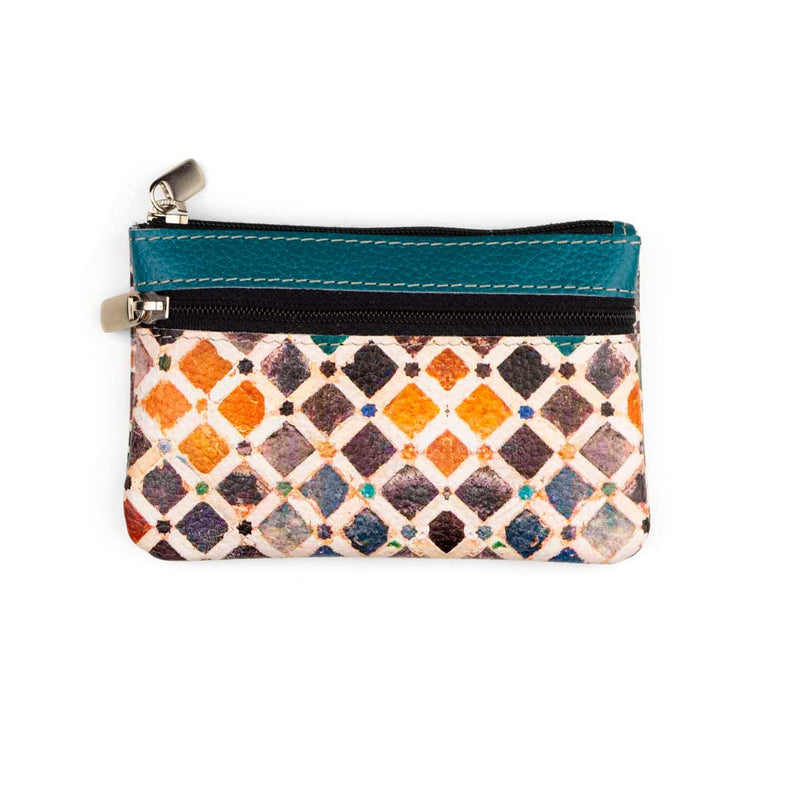 Colorful leather purse with zippered pockets for coins inspired by Islamic art