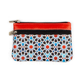 Black and red leather purse with islamic art inspired print