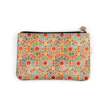 Leather purse for coins with islamic art inspired orange print