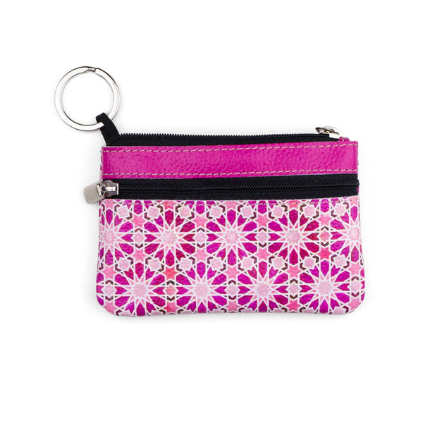 Leather purse for coins and keys with pink print inspired by Islamic Art