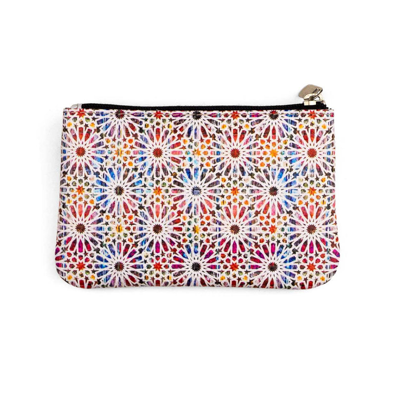 Multicolored leather purse with geometric print inspired by Islamic art print