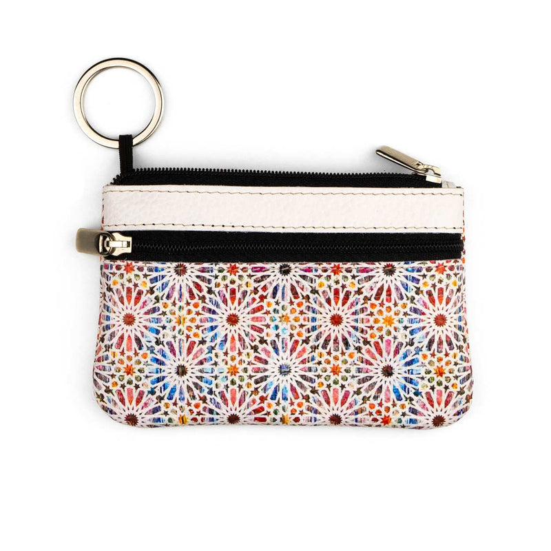 Leather coin purse with geometric print inspired by islamic art