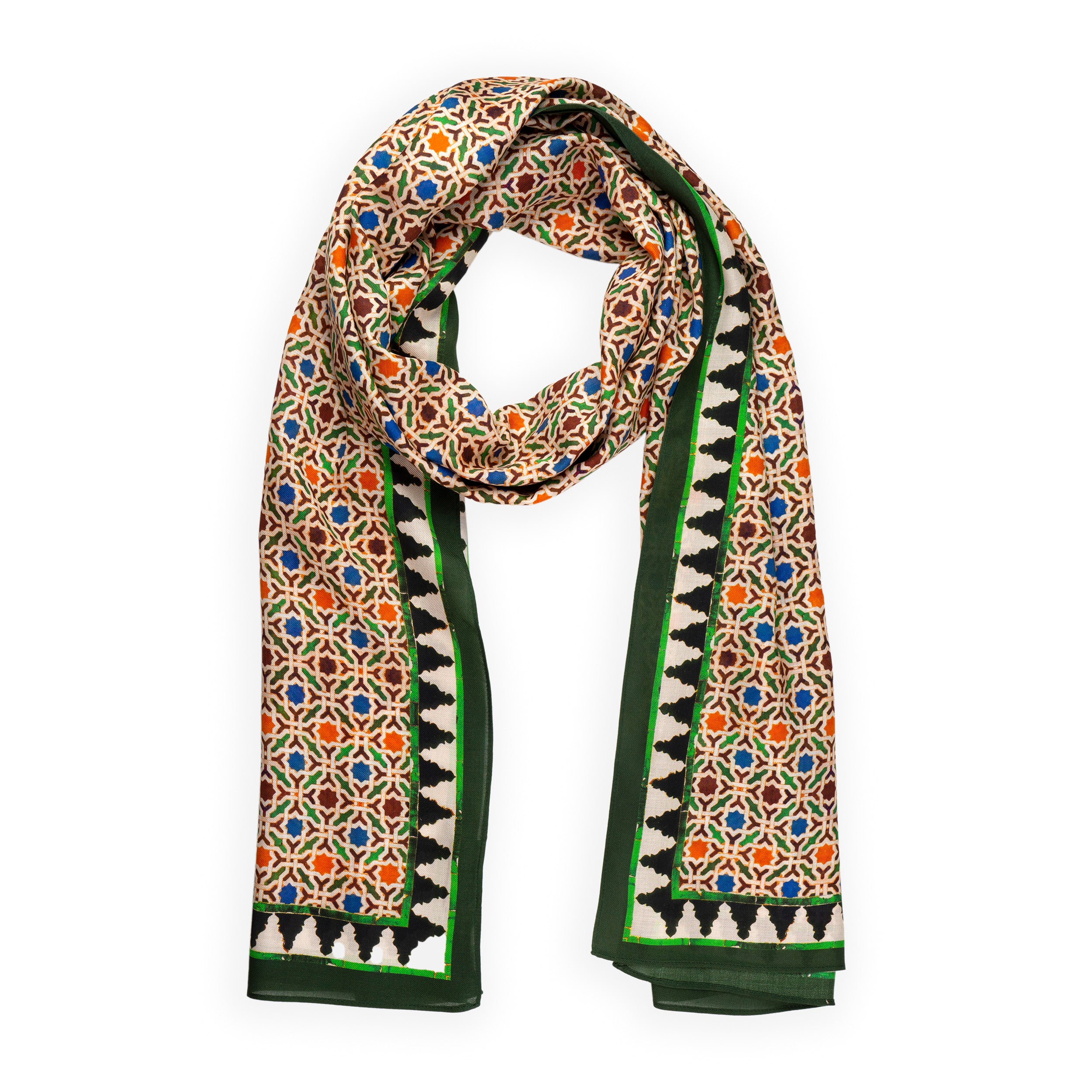 Neck scarf with geometric print inspired by Andalusian tiles