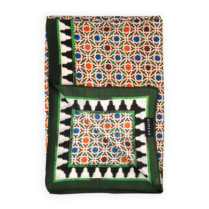 Green and brown scarf featuring Andalusian tiles print