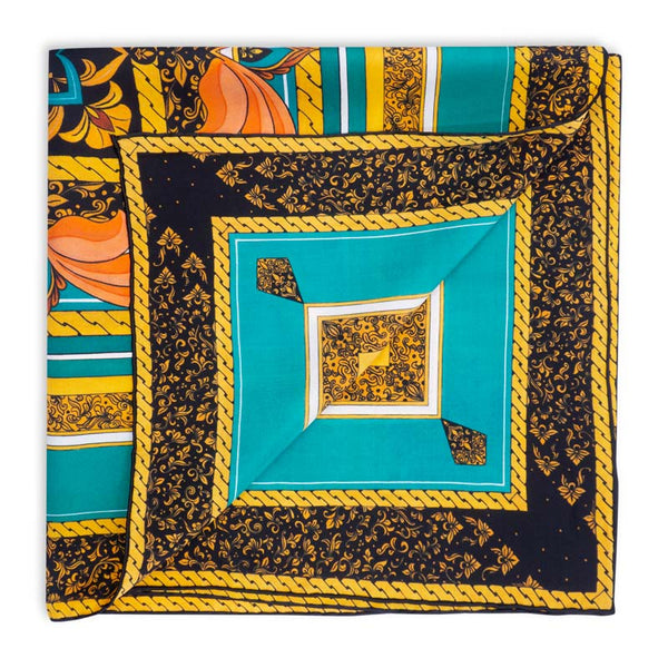 Gold, turquoise and black square silk scarf