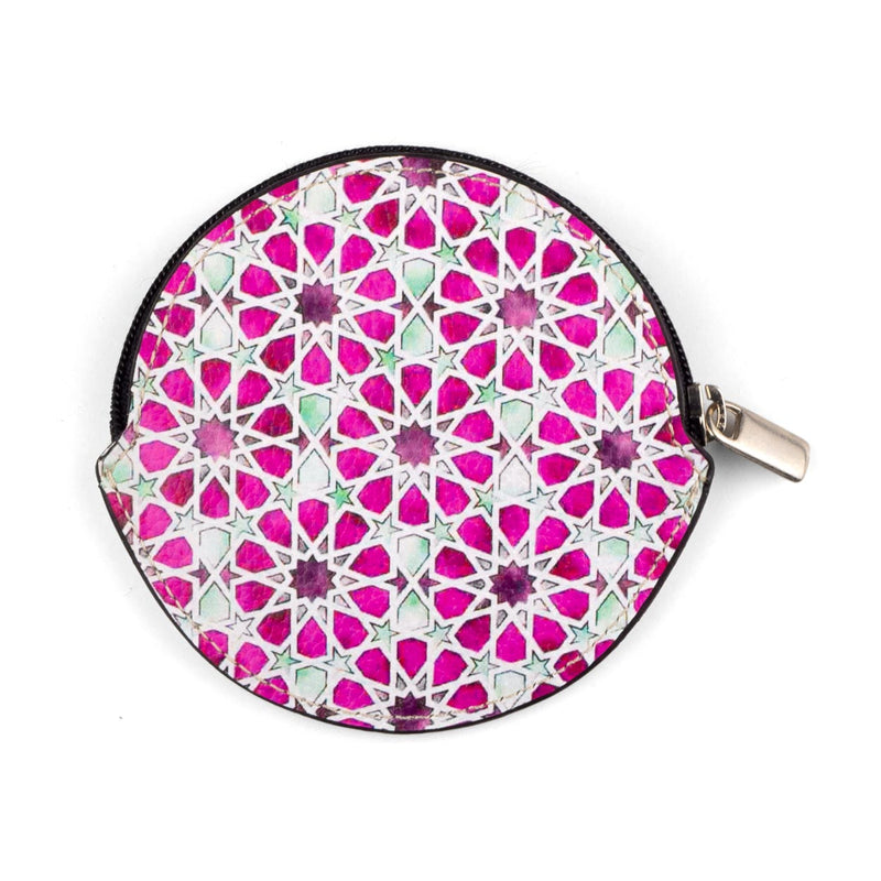 Pink and white leather coin purse inspired by Islamic Art