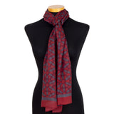 Large neck scarf with red and gray print inspired by islamic art