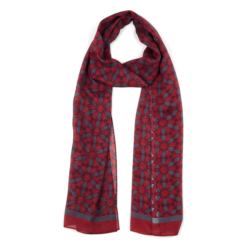 Red and gray scarf with geometric print inspired by Islamic art