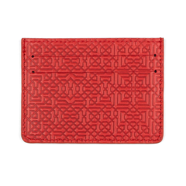Red leather cardholder embossed with islamic art pattern