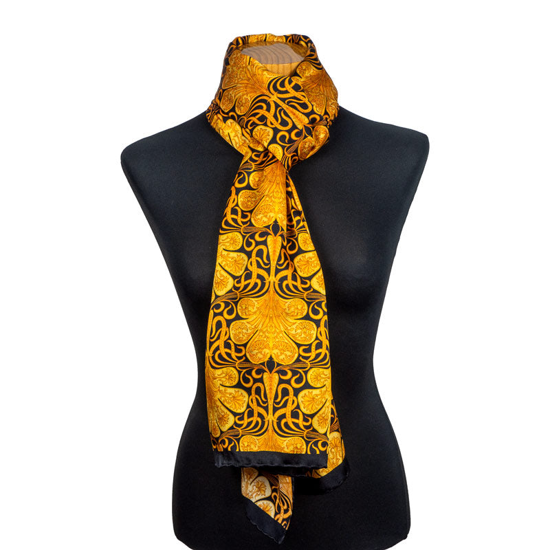 Large silk scarf with black and gold print