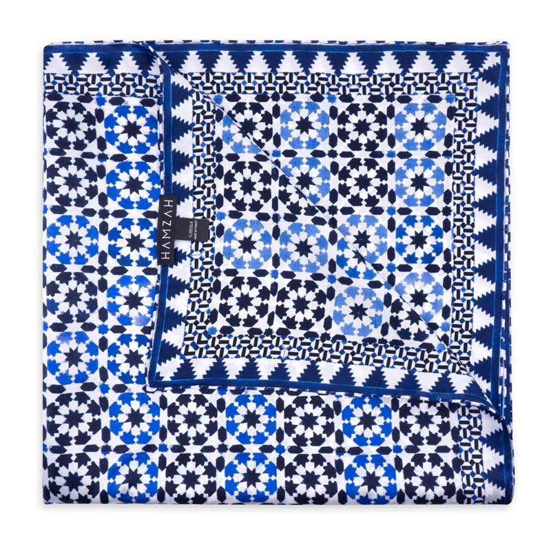 Blue and white silk square scarf featuring islamic art print