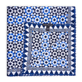 Blue and white silk square scarf featuring islamic art print