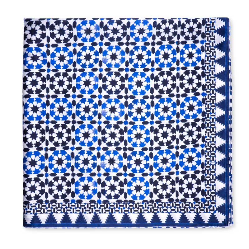 Square silk scarf with blue and white and black pattern inspired by Islamic art from the Alhambra of Granada